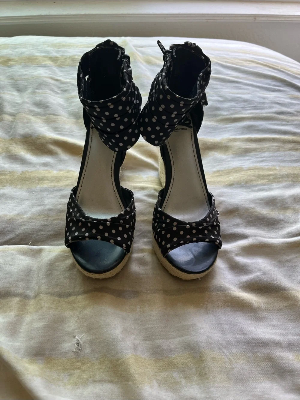 Fergalicious Black Polka Dot Ankle-Wrap Wedge Sandals